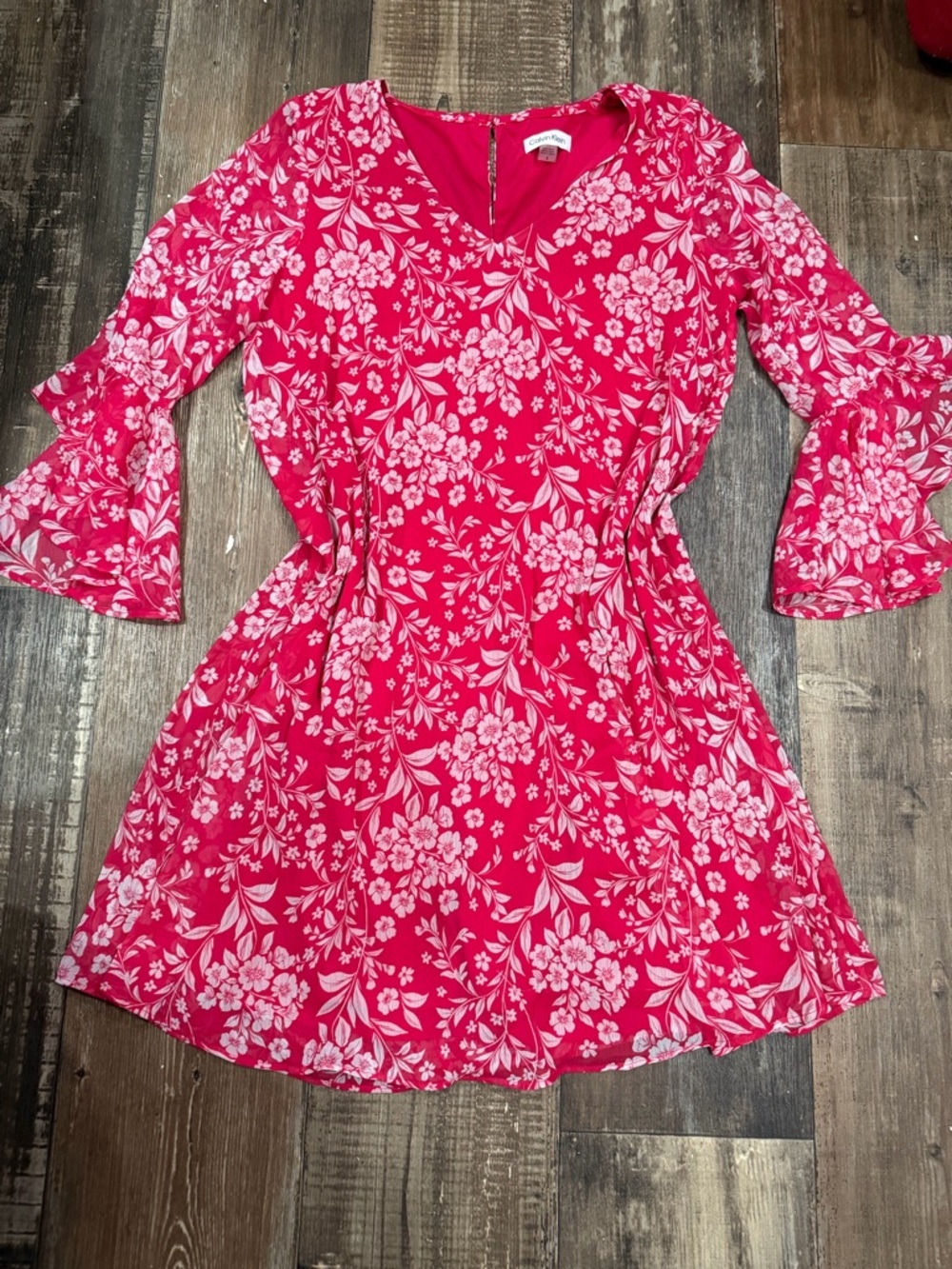 Calvin Klein Pink Floral V-Neck Bell Sleeve Dress
